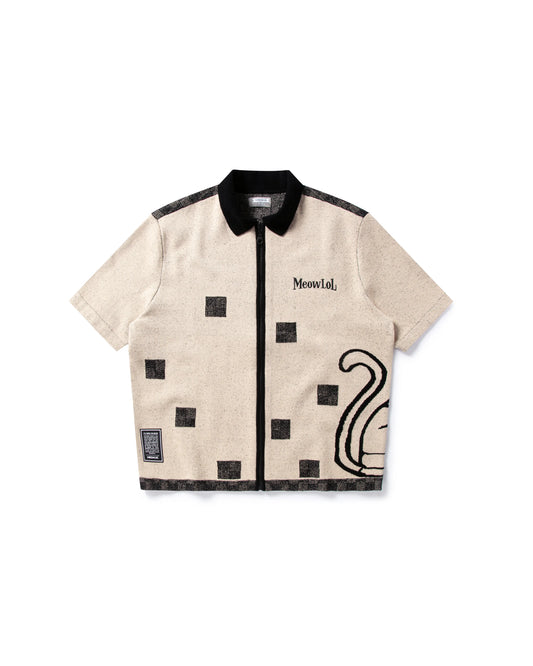 MEOWLOL CAT KNITTED SHORT SLEEVES ZIP-UP SHIRT