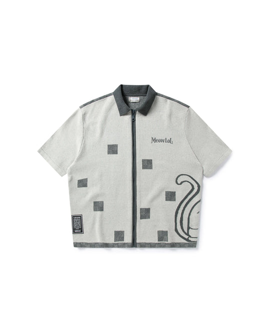 MEOWLOL CAT KNITTED SHORT SLEEVES ZIP-UP SHIRT